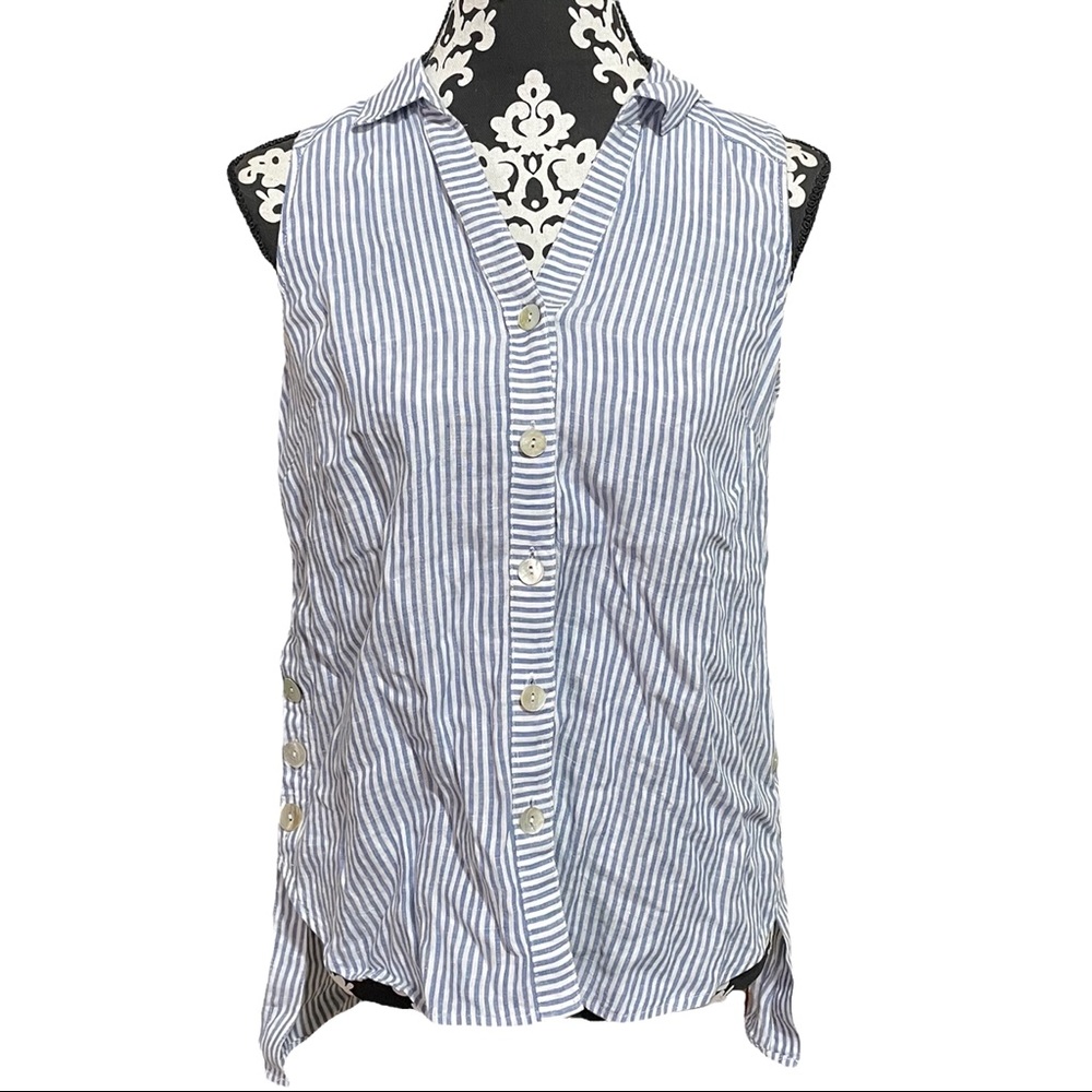 J. Jill Love Linen Sleeveless Blue Strip Button Up Shirt Sz XS